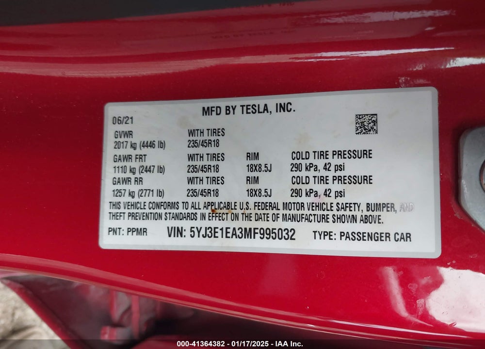 2021 TESLA MODEL 3 VIN: 5YJ3E1EA3MF995032