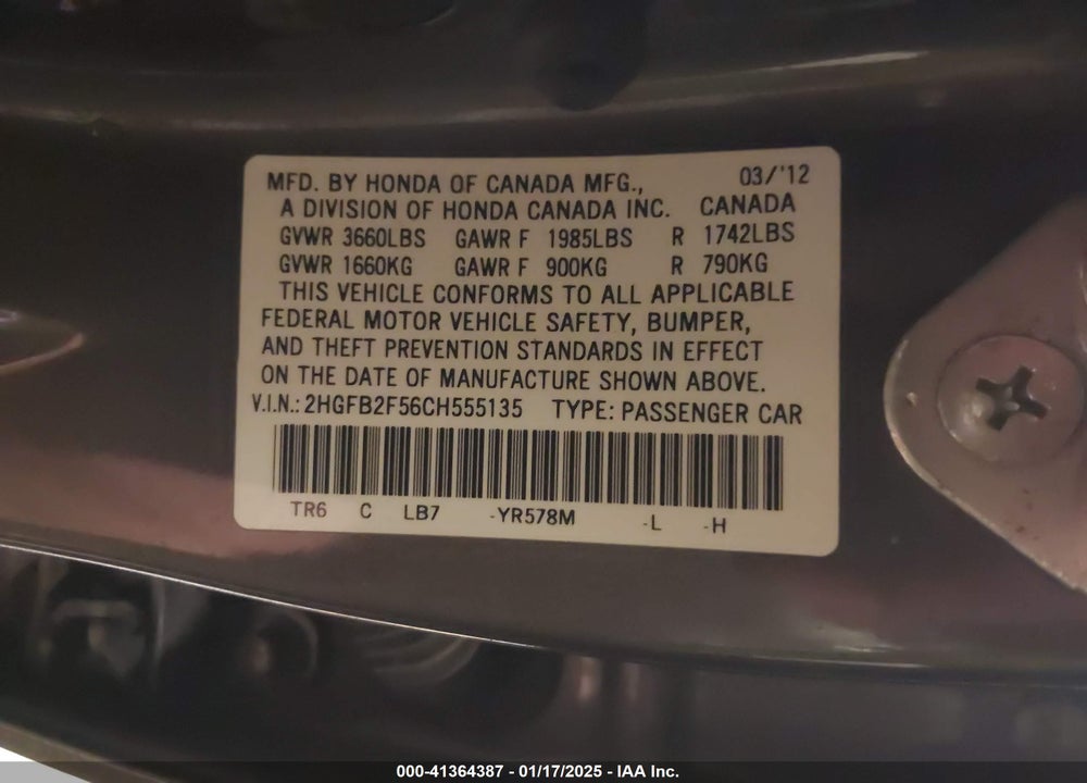 2012 HONDA CIVIC SDN VIN: 2HGFB2F56CH555135