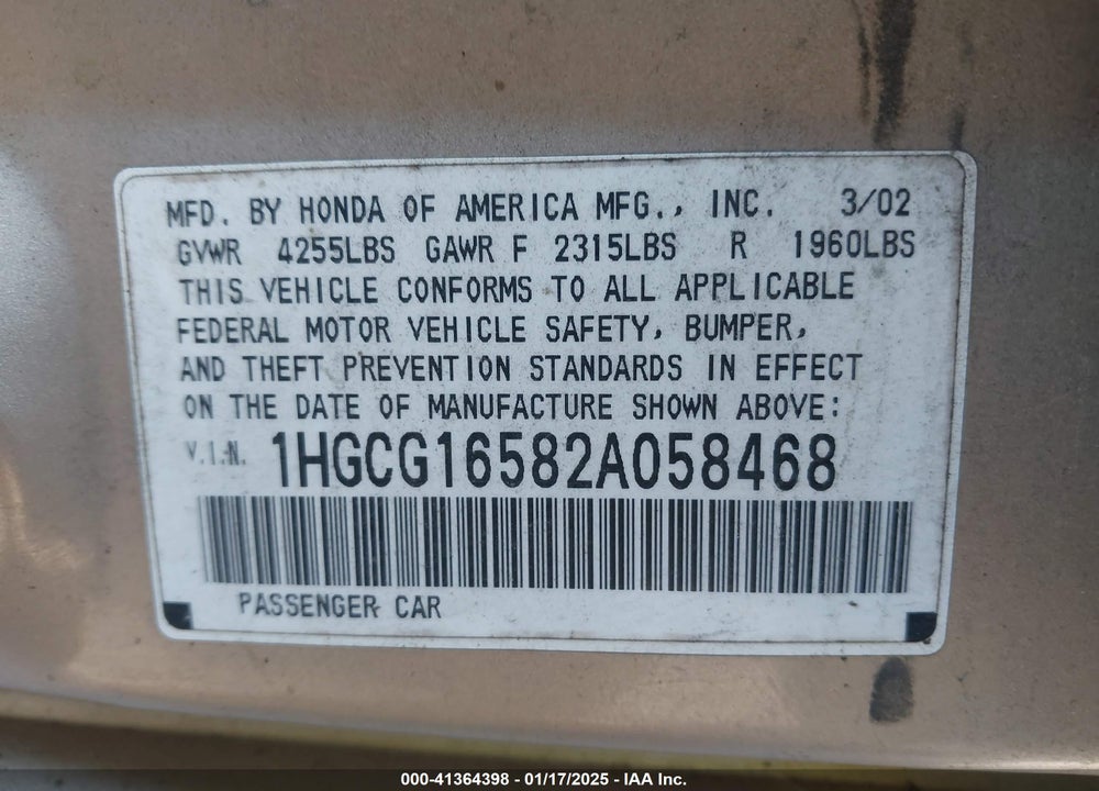 2002 HONDA ACCORD 3.0 EX VIN: 1HGCG16582A058468