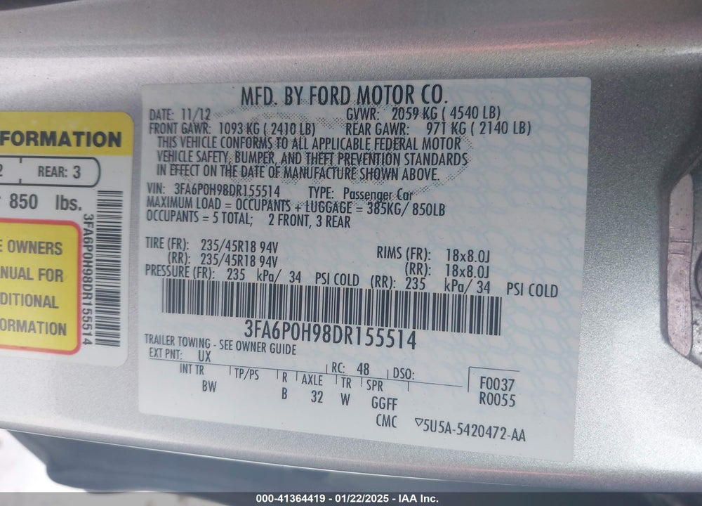 2013 FORD FUSION VIN: 3FA6P0H98DR155514