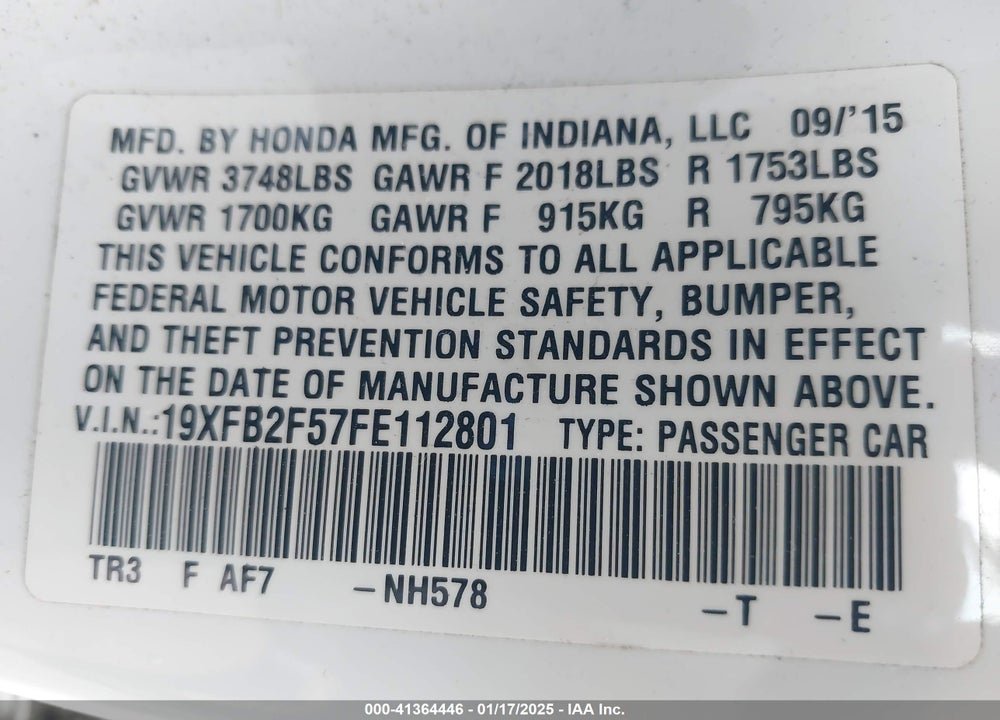 2015 HONDA CIVIC VIN: 19XFB2F57FE112801