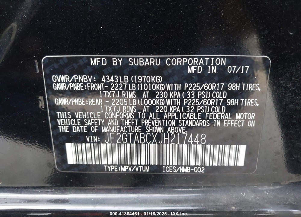 2018 SUBARU CROSSTREK 2.0I PREMIUM VIN: JF2GTABCXJH217448