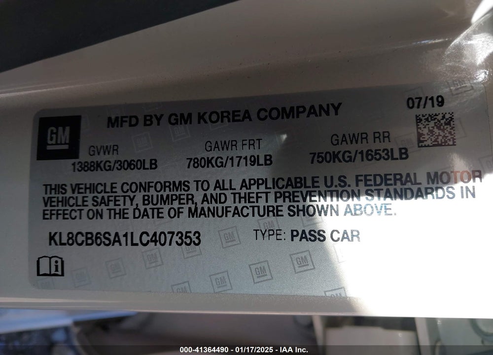 2020 CHEVROLET SPARK FWD LS AUTOMATIC VIN: KL8CB6SA1LC407353