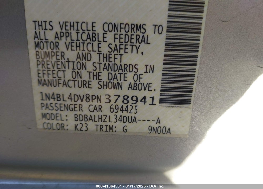 2023 NISSAN ALTIMA VIN: 1N4BL4DV8PN378941