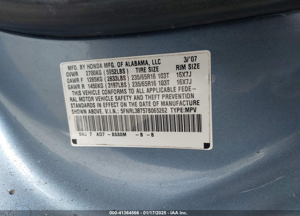 2007 HONDA ODYSSEY EX-L VIN: 5FNRL38757B065262