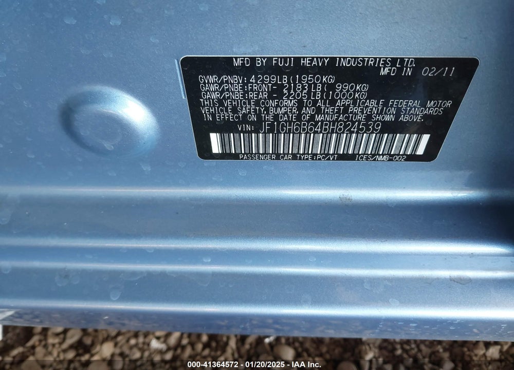 2011 SUBARU IMPREZA VIN: JF1GH6B64BH824539
