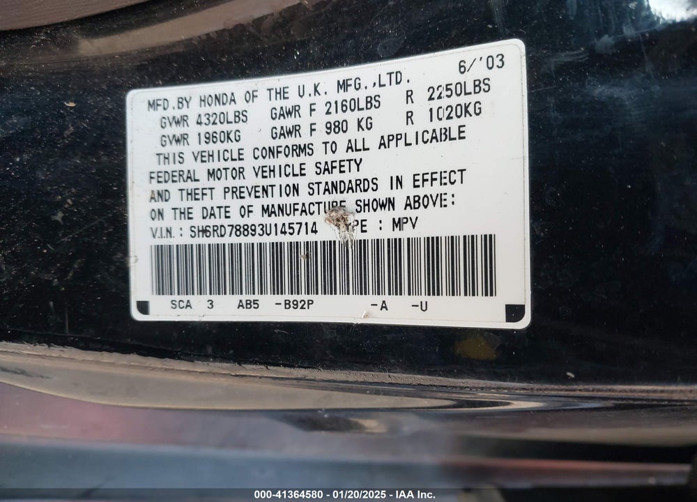 2003 HONDA CR-V EX VIN: SHSRD78893U145714
