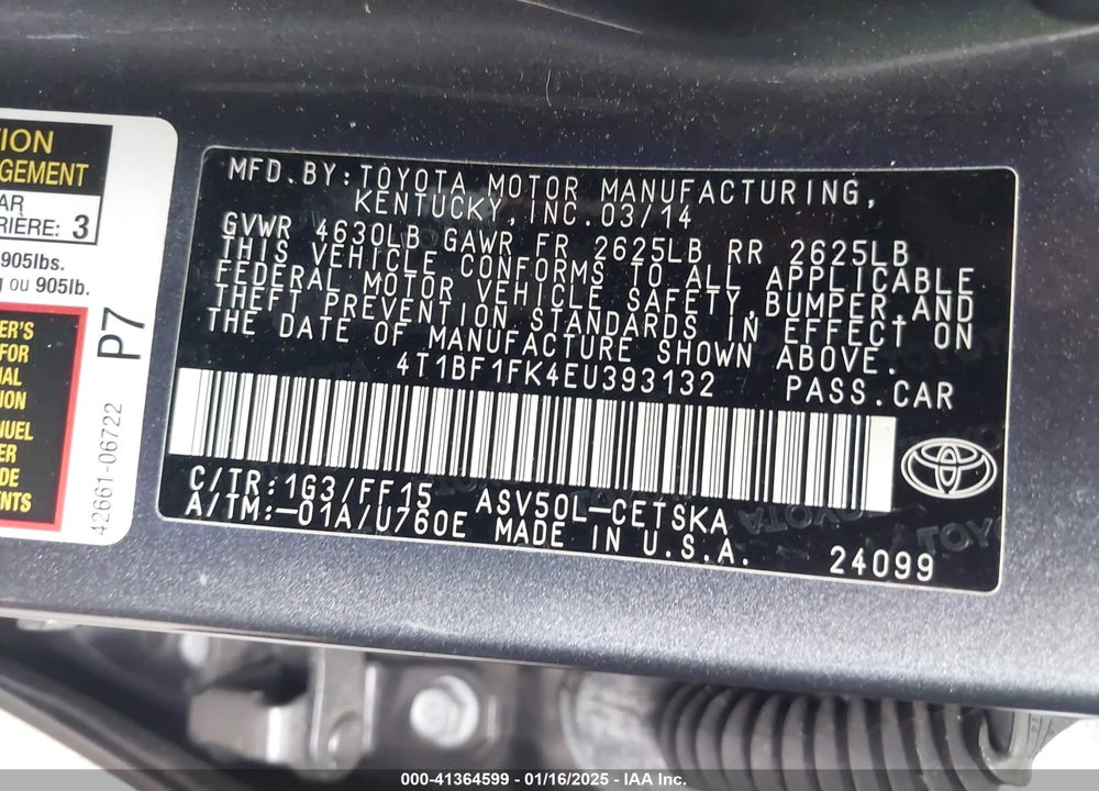 2014 TOYOTA CAMRY VIN: 4T1BF1FK4EU393132