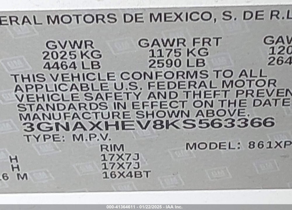 2019 CHEVROLET EQUINOX VIN: 3GNAXHEV8KS563366