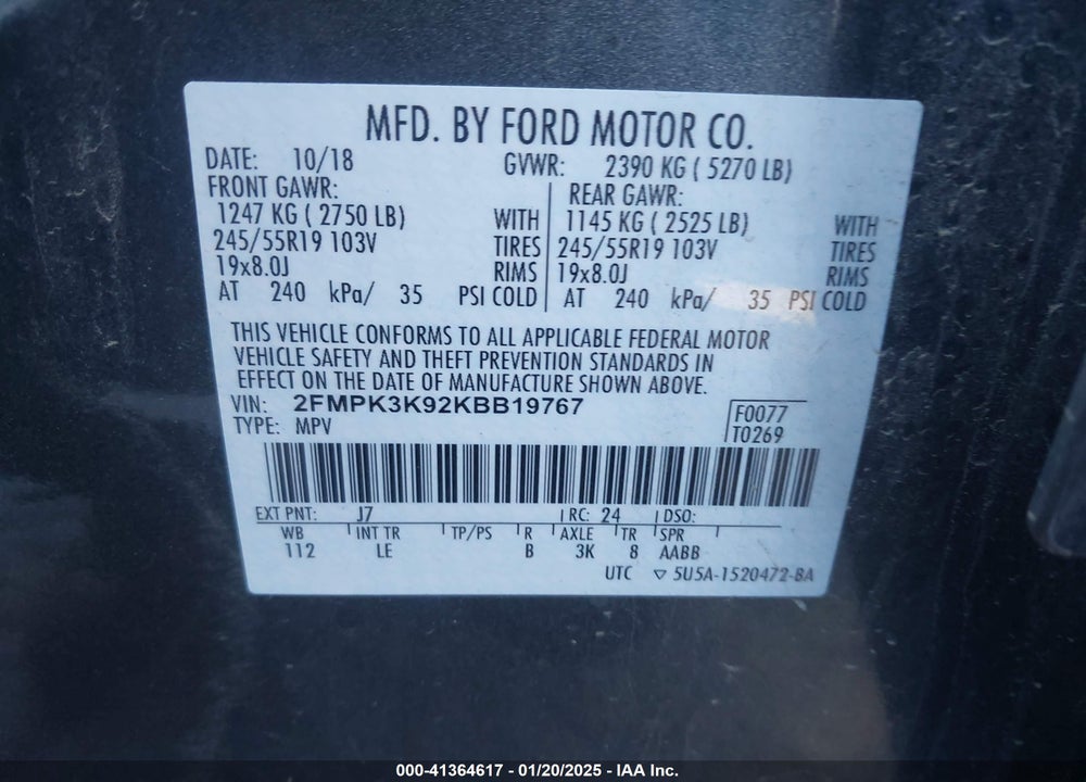 2019 FORD EDGE VIN: 2FMPK3K92KBB19767