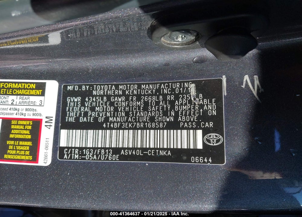2011 TOYOTA CAMRY LE VIN: 4T4BF3EK7BR168587