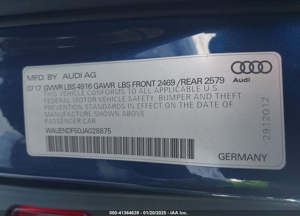 2018 AUDI A5 VIN: WAUENDF50JA028875