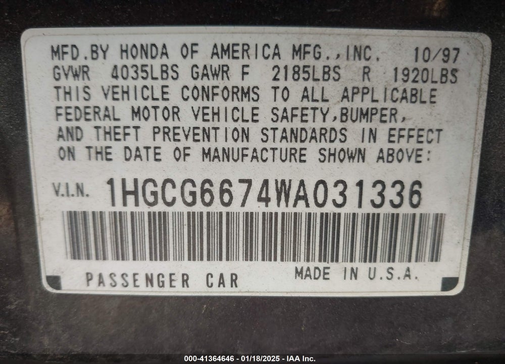 1998 HONDA ACCORD EX VIN: 1HGCG6674WA031336