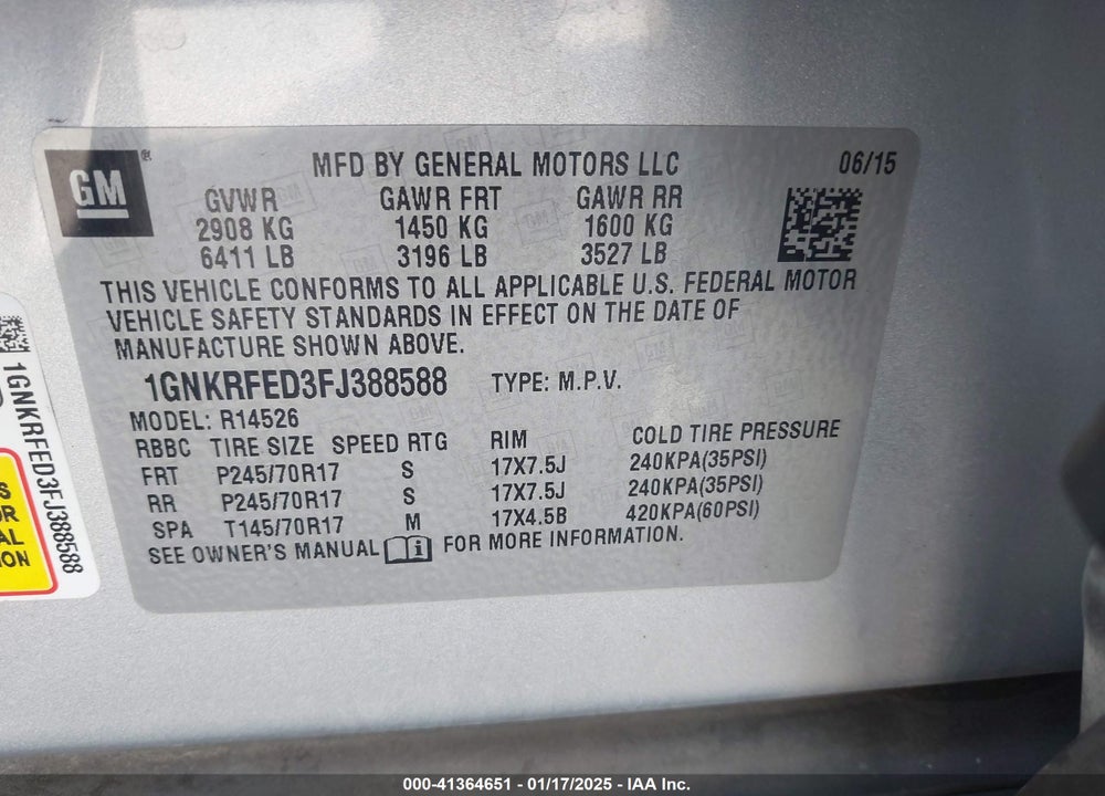 2015 CHEVROLET TRAVERSE LS VIN: 1GNKRFED3FJ388588
