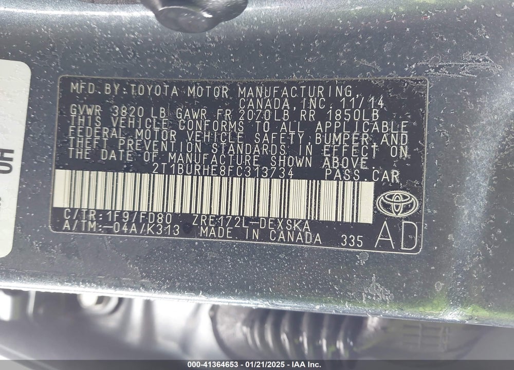 2015 TOYOTA COROLLA VIN: 2T1BURHE8FC313734