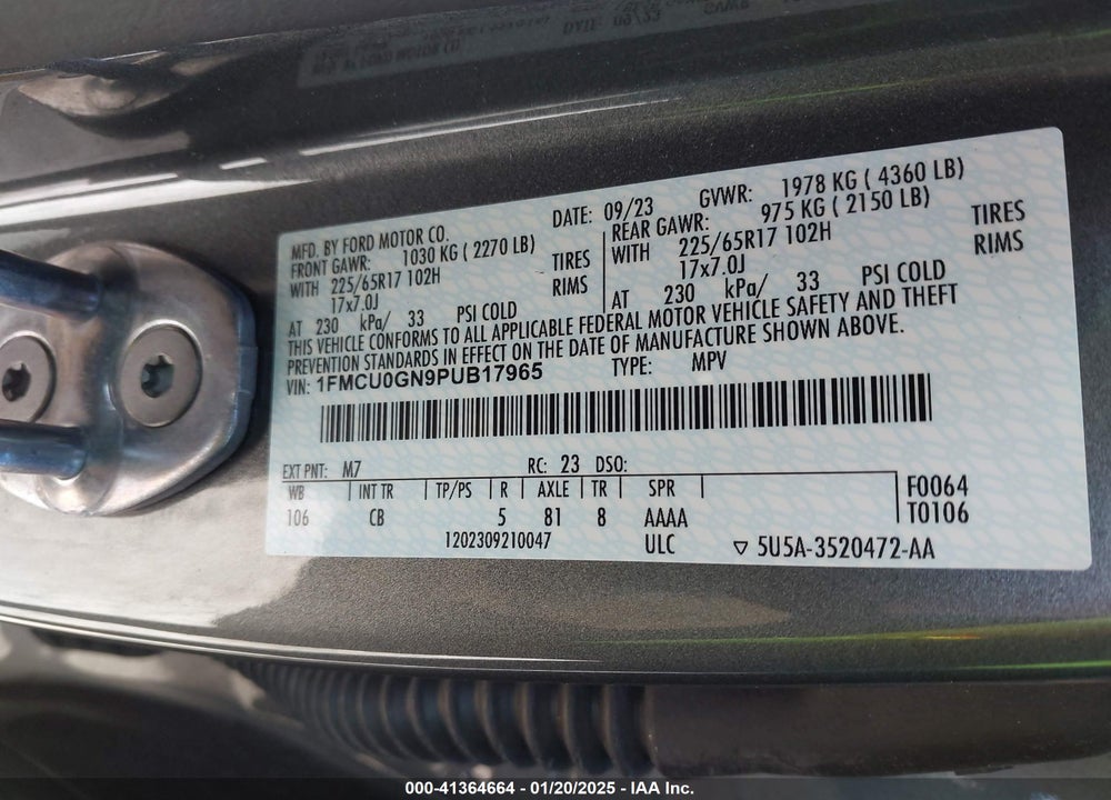 2023 FORD ESCAPE ACTIVE VIN: 1FMCU0GN9PUB17965