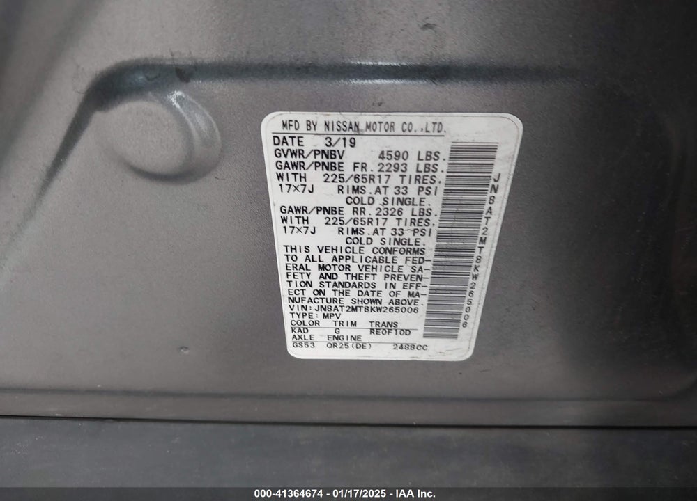 2019 NISSAN ROGUE VIN: JN8AT2MT8KW265006