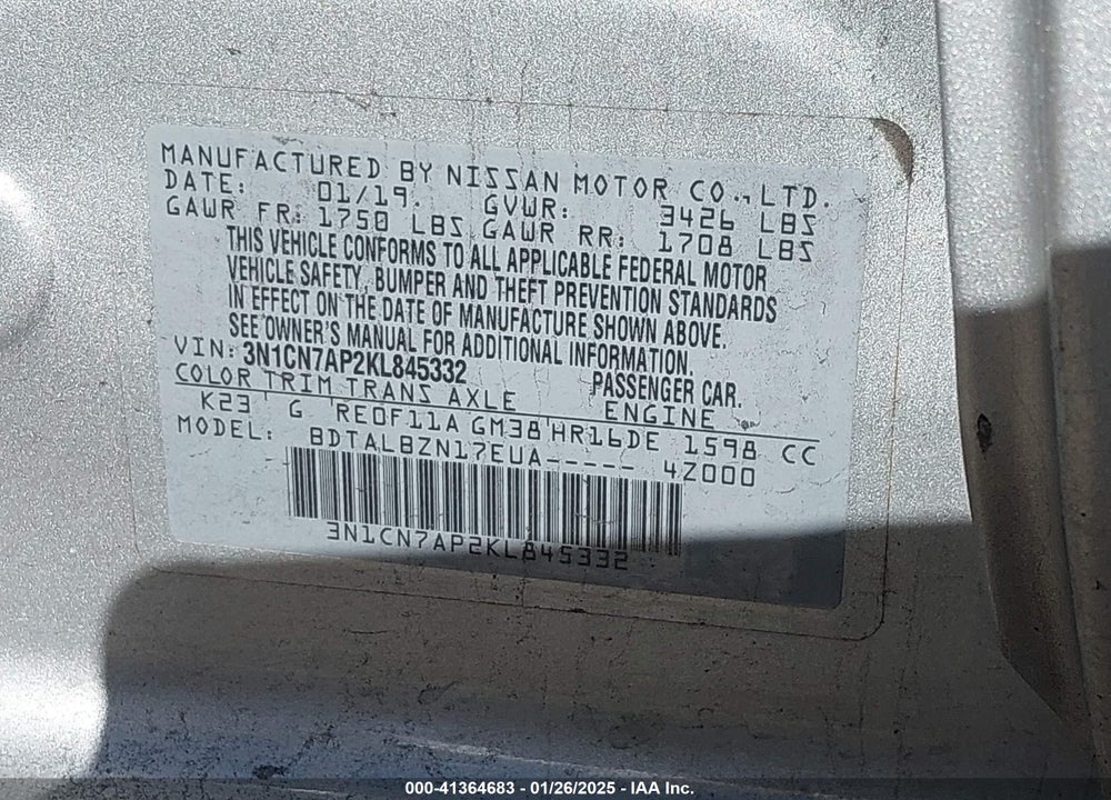 2019 NISSAN VERSA VIN: 3N1CN7AP2KL845332