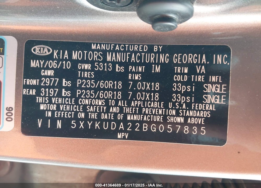 2011 KIA SORENTO EX V6 VIN: 5XYKUDA22BG057835