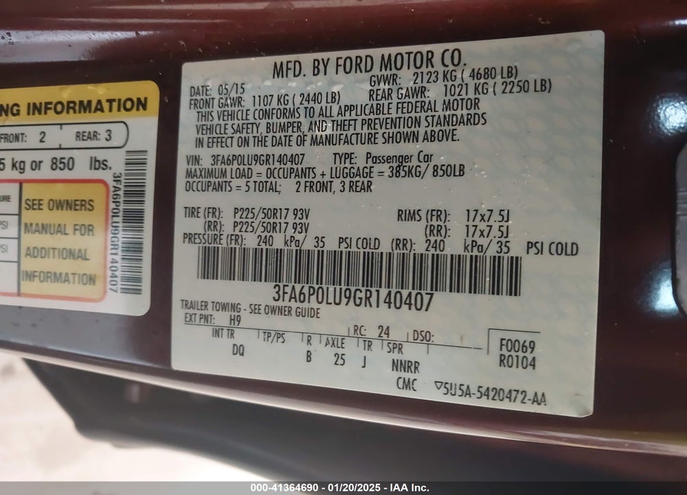 2016 FORD FUSION HYBRID SE VIN: 3FA6P0LU9GR140407