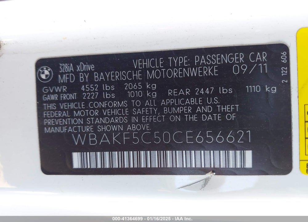 2012 BMW 328I VIN: WBAKF5C50CE656621