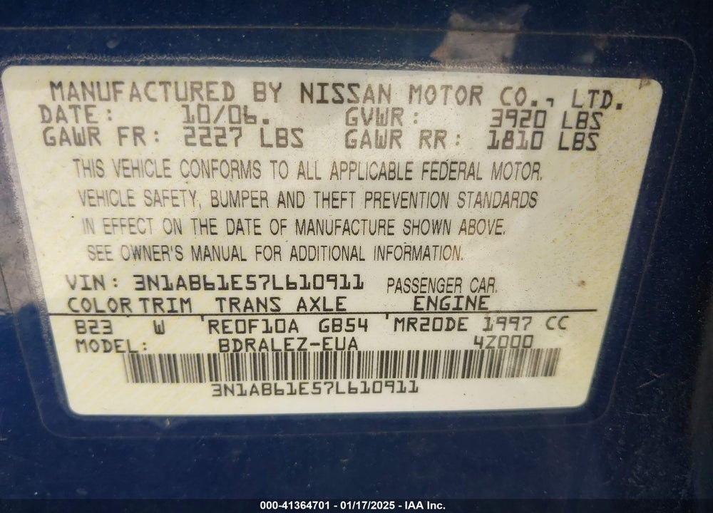 2007 NISSAN SENTRA VIN: 3N1AB61E57L610911