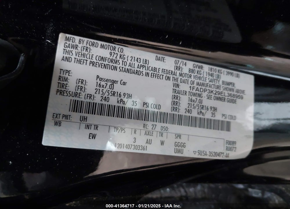2014 FORD FOCUS VIN: 1FADP3K29EL368959