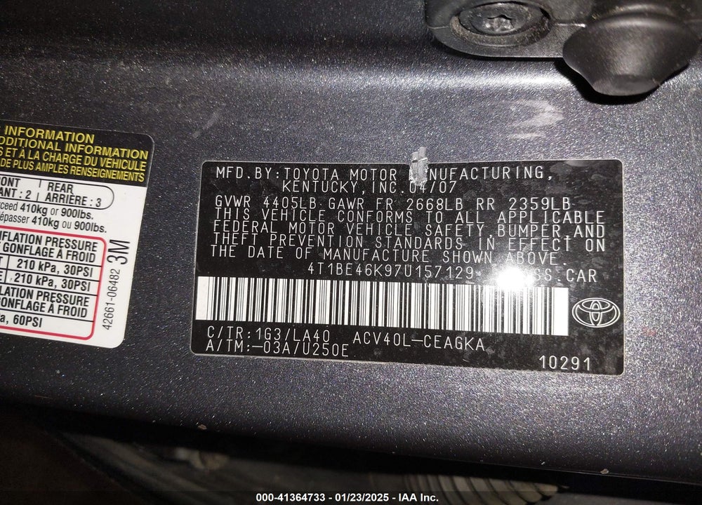 2007 TOYOTA CAMRY VIN: 4T1BE46K97U157129