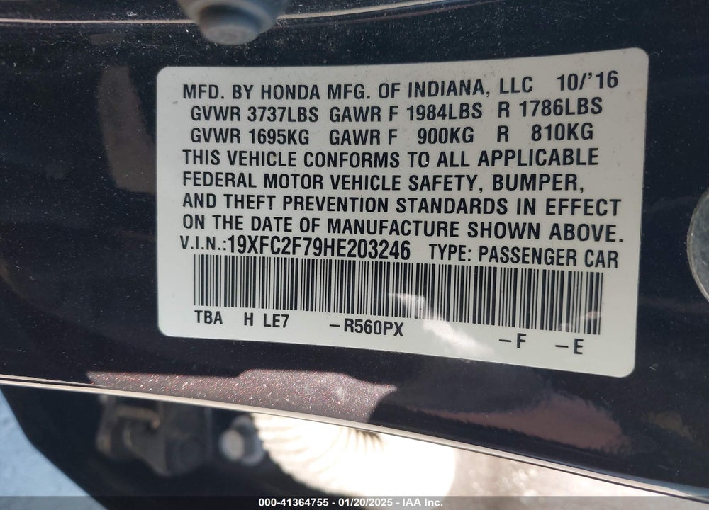 2017 HONDA CIVIC VIN: 19XFC2F79HE203246
