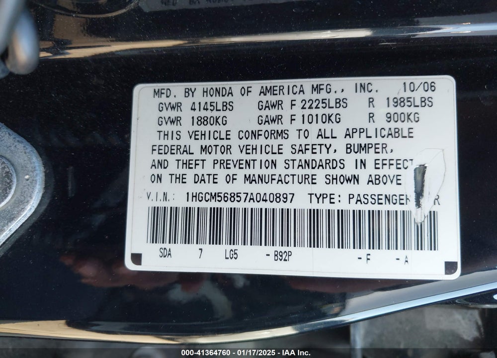 2007 HONDA ACCORD 2.4 EX VIN: 1HGCM56857A040897