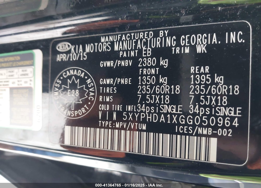 2016 KIA SORENTO 2.0T EX VIN: 5XYPHDA1XGG050964
