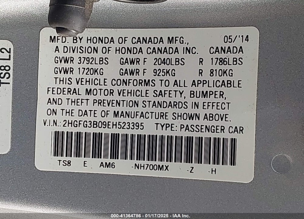 2014 HONDA CIVIC VIN: 2HGFG3B09EH523395
