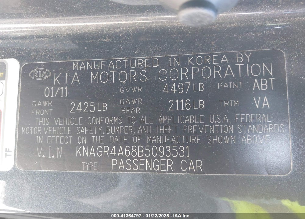 2011 KIA OPTIMA SX VIN: KNAGR4A68B5093531