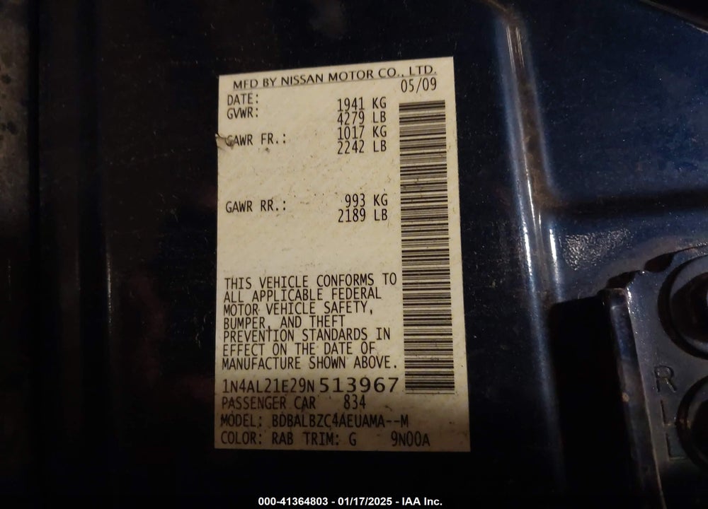 2009 NISSAN ALTIMA VIN: 1N4AL21E29N513967