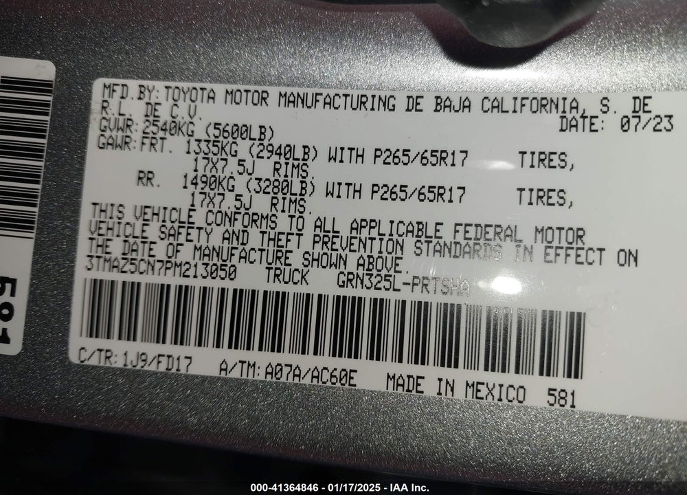 2023 TOYOTA TACOMA VIN: 3TMAZ5CN7PM213050