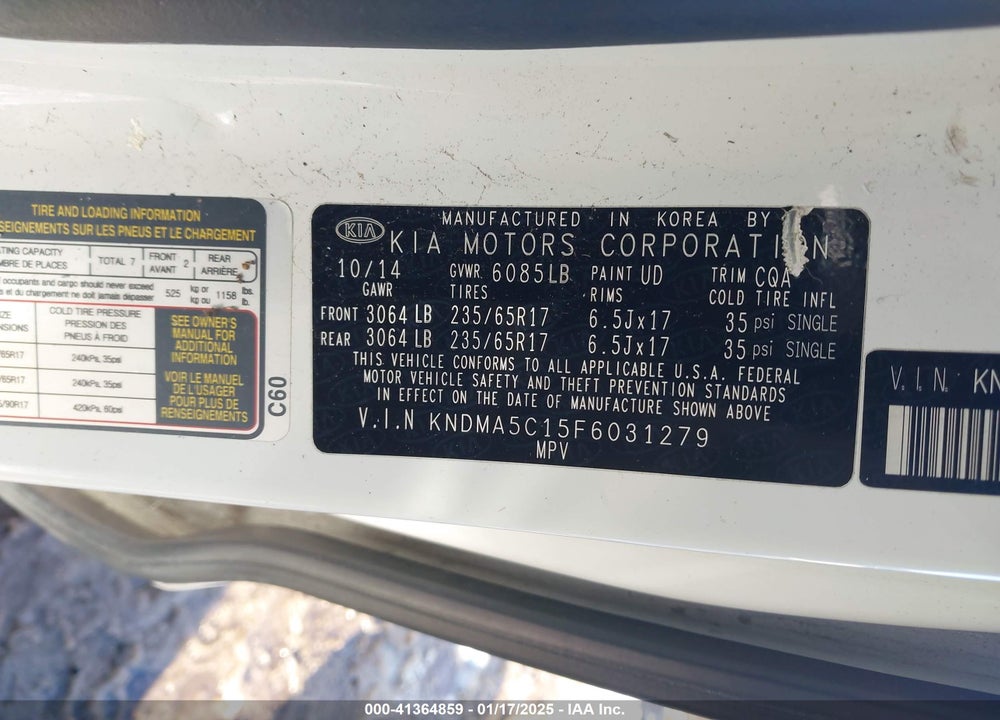 2015 KIA SEDONA VIN: KNDMA5C15F6031279
