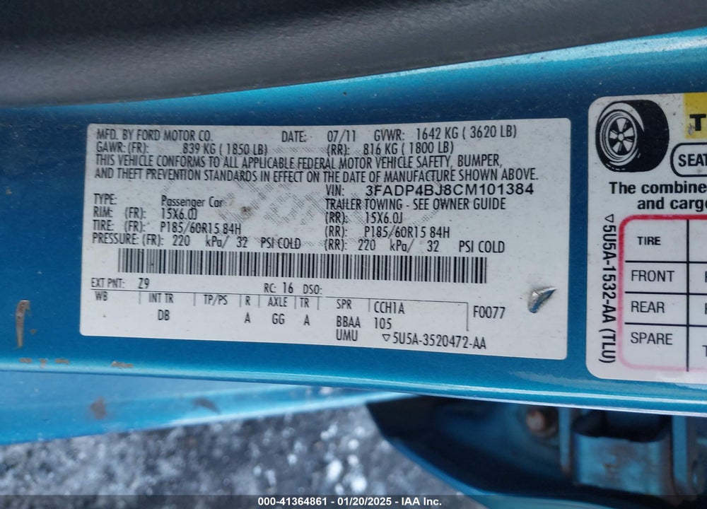 2012 FORD FIESTA VIN: 3FADP4BJ8CM101384