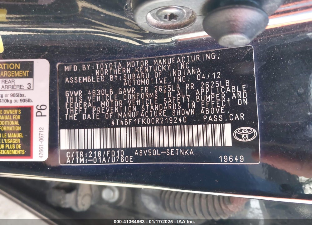 2012 TOYOTA CAMRY VIN: 4T4BF1FK0CR219240