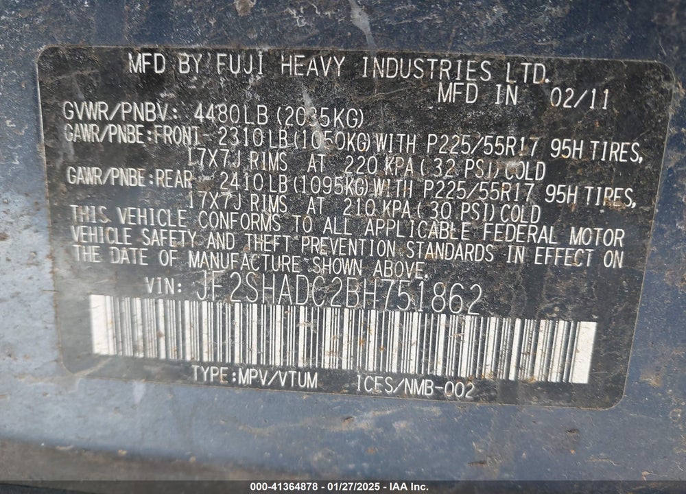 2011 SUBARU FORESTER 2.5X PREMIUM VIN: JF2SHADC2BH751862