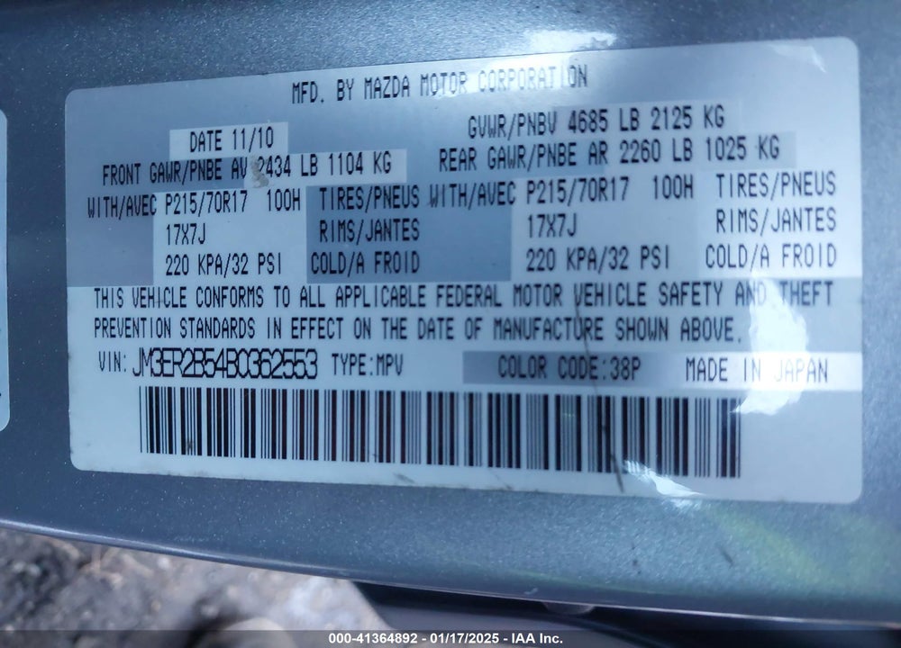2011 MAZDA CX-7 I SPORT VIN: JM3ER2B54B0362553