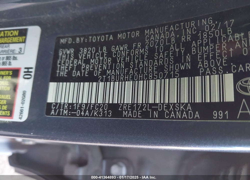 2017 TOYOTA COROLLA SE VIN: 2T1BURHE0HC850715