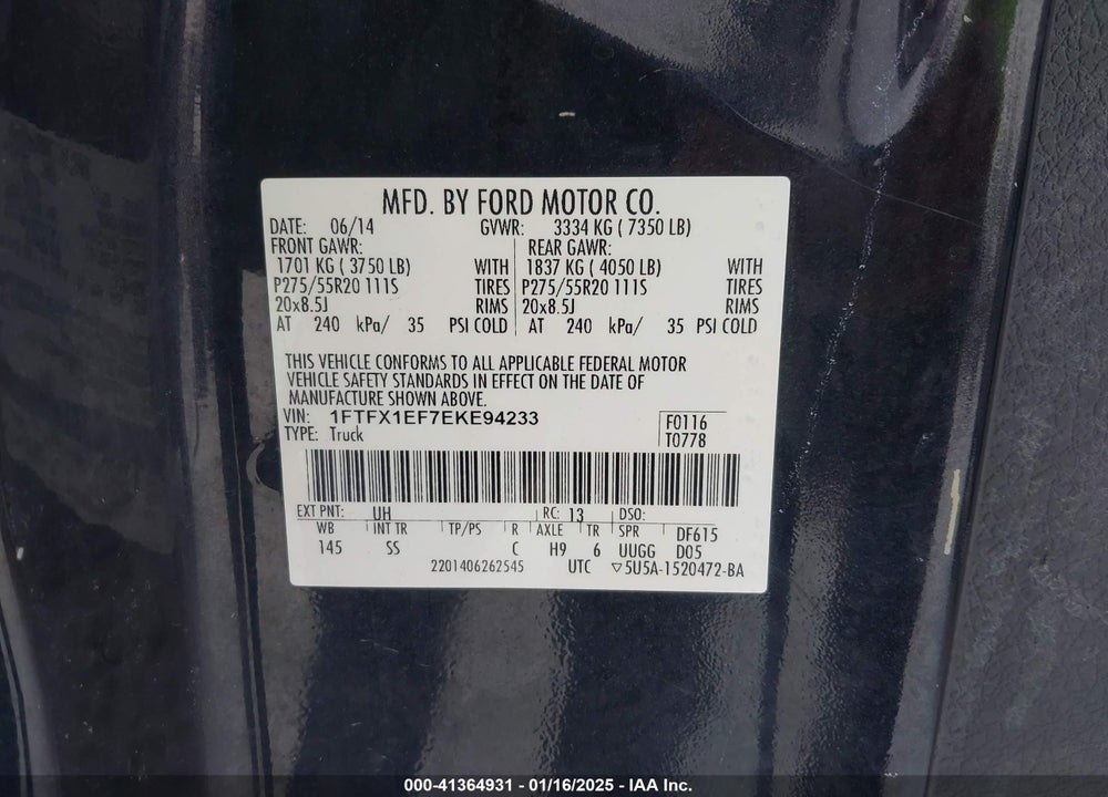 2014 FORD F150 SUPER CAB VIN: 1FTFX1EF7EKE94233