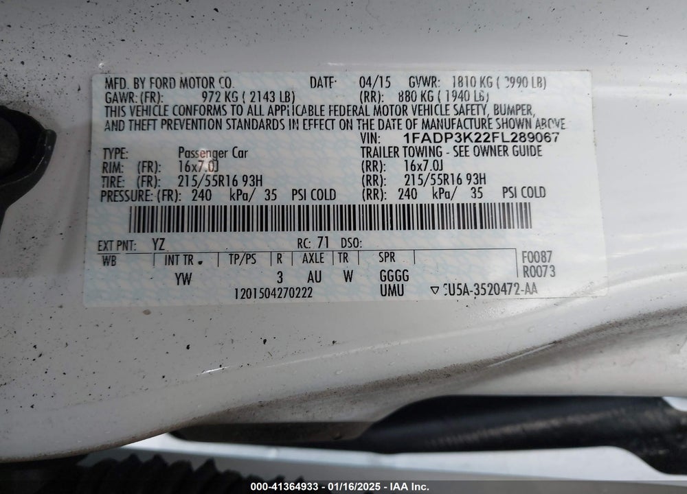 2015 FORD FOCUS VIN: 1FADP3K22FL289067