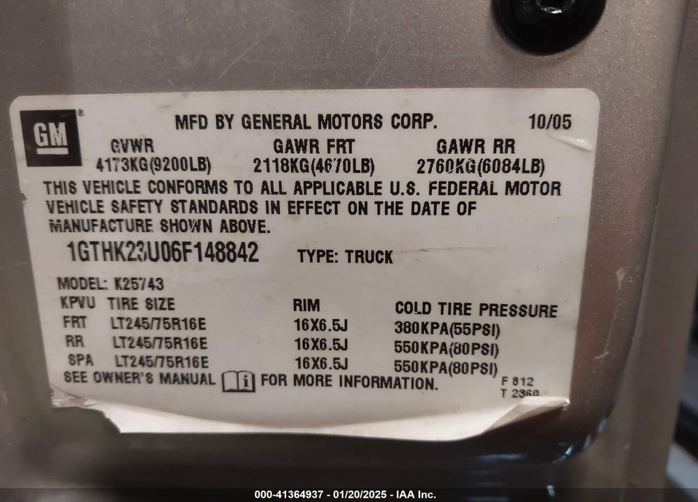 2006 GMC SIERRA VIN: 1GTHK23U06F148842