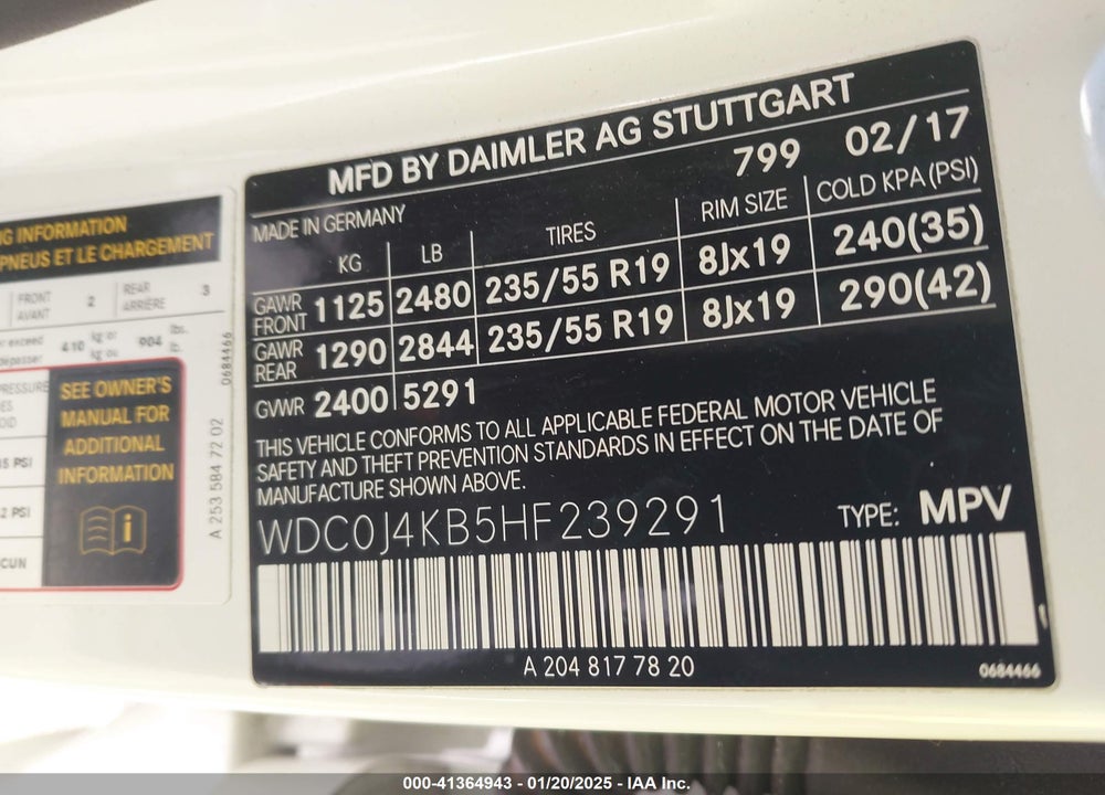 2017 MERCEDES-BENZ GLC VIN: WDC0J4KB5HF239291