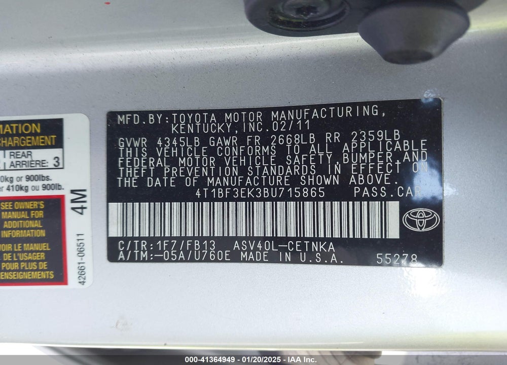 2011 TOYOTA CAMRY LE VIN: 4T1BF3EK3BU715865