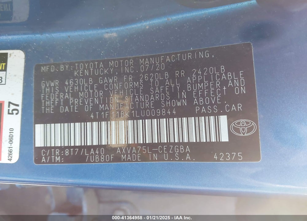 2020 TOYOTA CAMRY VIN: 4T1F11BK1LU009844
