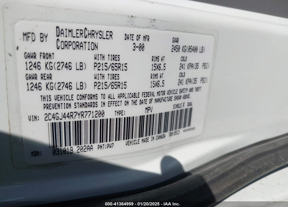2000 CHRYSLER GRAND VOYAGER SE VIN: 2C4GJ44R7YR771200