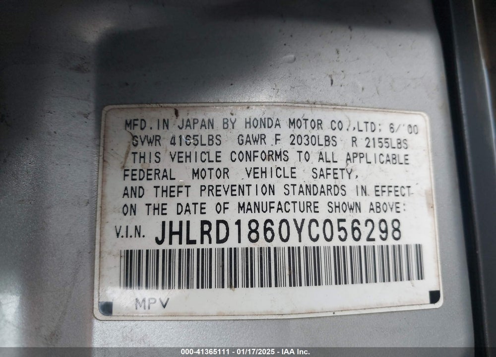 2000 HONDA CR-V EX VIN: JHLRD1860YC056298