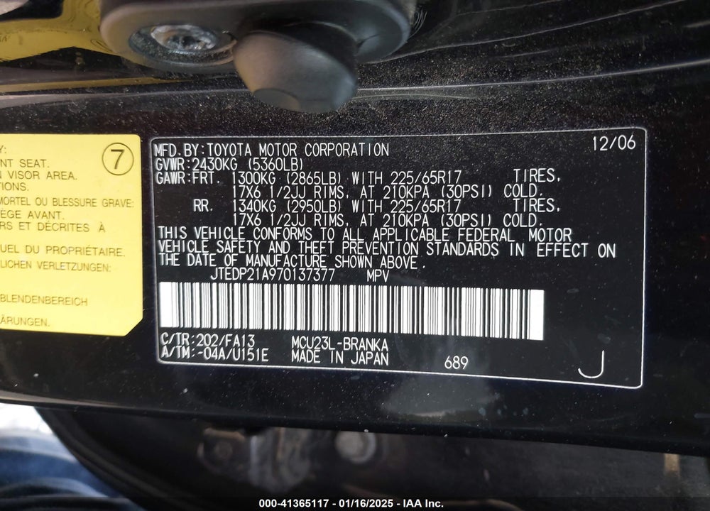 2007 TOYOTA HIGHLANDER SPORT V6 VIN: JTEDP21A970137377